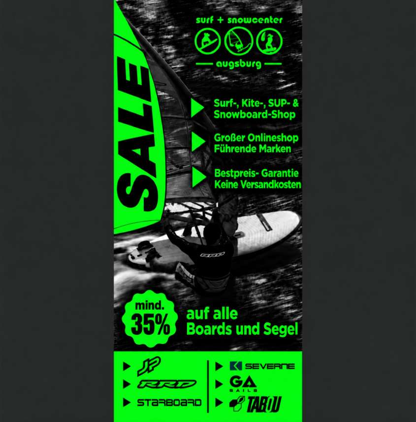 Neongrüne Surf- und Snowboard-Sale-Werbung